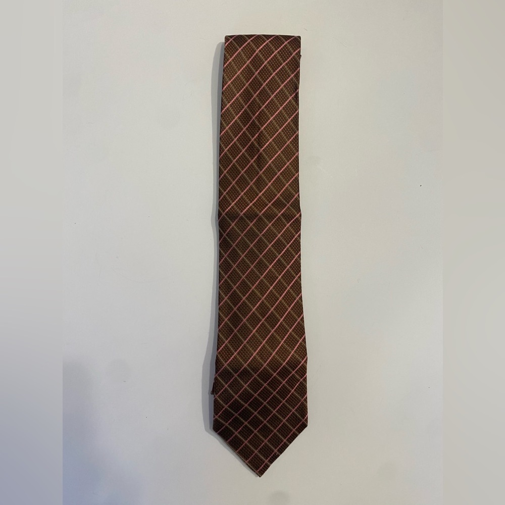 Oscar de la Renta Brown Pink Check Silk Tie